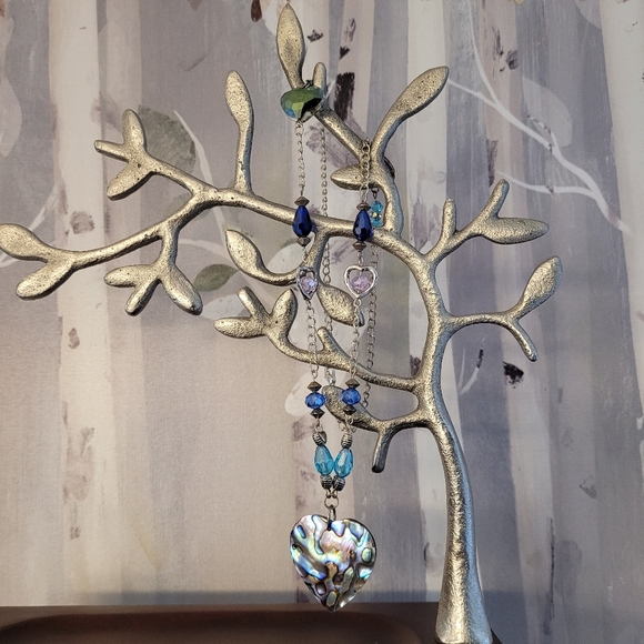 Abalone Look Heart Pendant Multi-colored Crystals Silver-tone Beads Necklace - Picture 3 of 15